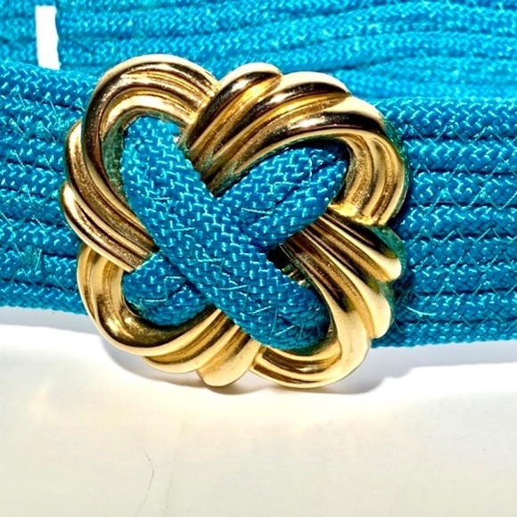 VTG 70s Women's M/L Blue MOD Boho Belt Braided Gold Buckle Accent - Picture 3 of 6